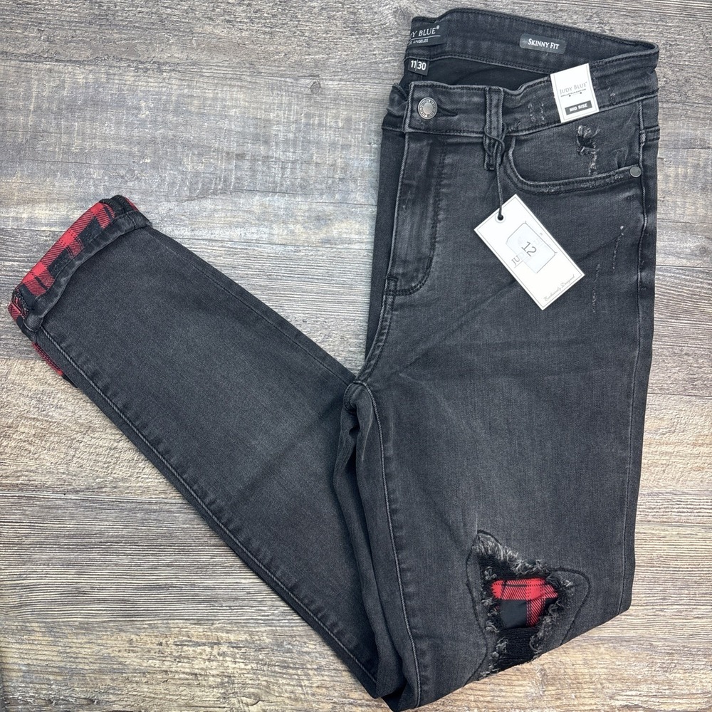 Judy Blue Size 11/30 Plaid Peek-A-Boo Jeans Charcoal Skinny‎ Mid-Rise NEW